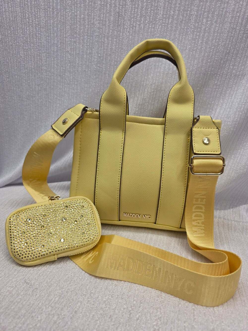 Madden NYC Butter Yellow Double Handle Tote Handbag with Rhinestone Pouch